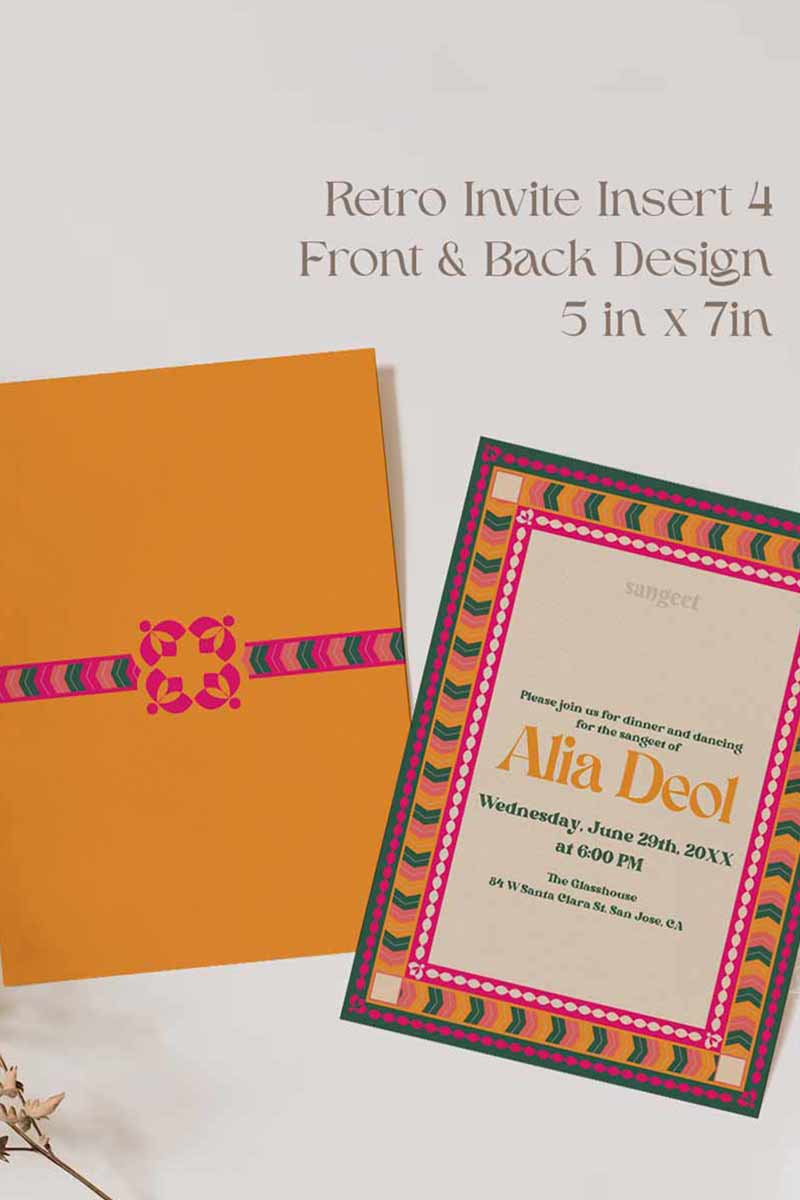Retro Wedding Invitation Set in the shades of forest green, orange, yellow, hot pink, beige and baby pink. With orange marigold floral. Jaipur block print artwork. It has line drawn florals and birds. Sized at 5 inches x 7 inches with front and back design options. Indian Wedding Invitation Set. Personalize and customize in Canva. Print at any local printer around the World. Florals & Birds
