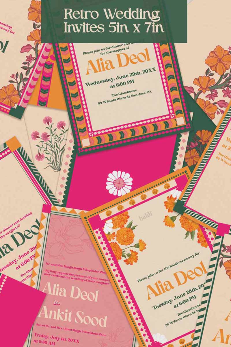 Retro Wedding Invitation Set in the shades of forest green, orange, yellow, hot pink, beige and baby pink. With orange marigold floral. Jaipur block print artwork. It has line drawn florals and birds. Sized at 5 inches x 7 inches with front and back design options. Indian Wedding Invitation Set. Personalize and customize in Canva. Print at any local printer around the World. Florals & Birds