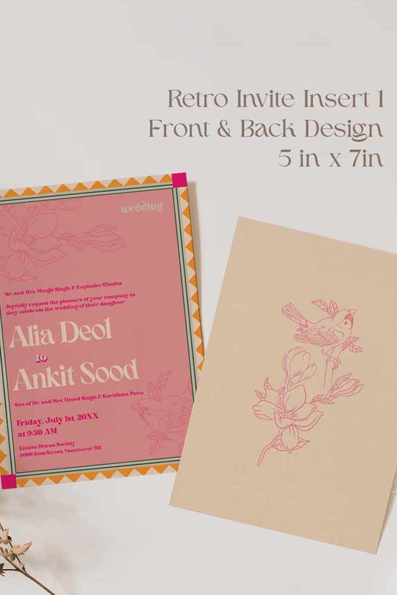 Retro Wedding Invitation Set in the shades of forest green, orange, yellow, hot pink, beige and baby pink. With orange marigold floral. Jaipur block print artwork. It has line drawn florals and birds. Sized at 5 inches x 7 inches with front and back design options. Indian Wedding Invitation Set. Personalize and customize in Canva. Print at any local printer around the World. Florals & Birds