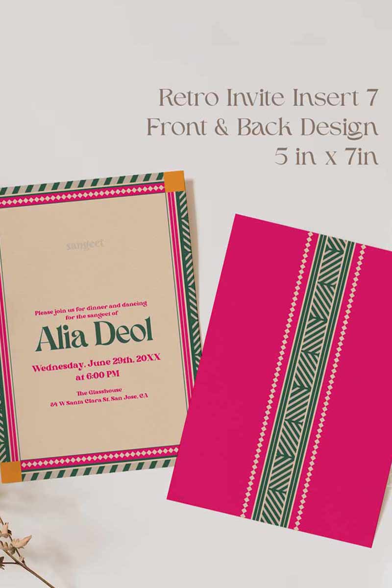 Retro Wedding Invitation Set in the shades of forest green, orange, yellow, hot pink, beige and baby pink. With orange marigold floral. Jaipur block print artwork. It has line drawn florals and birds. Sized at 5 inches x 7 inches with front and back design options. Indian Wedding Invitation Set. Personalize and customize in Canva. Print at any local printer around the World. Florals & Birds