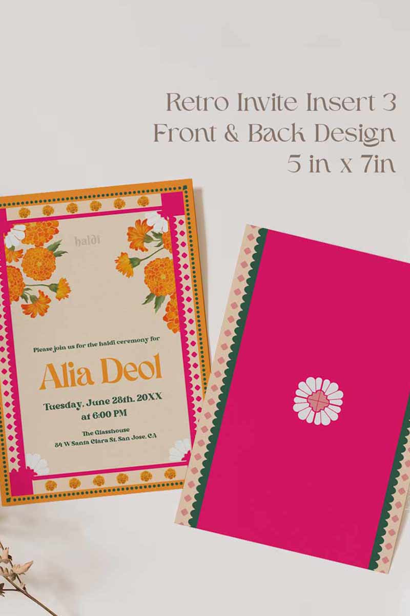 Retro Wedding Invitation Set in the shades of forest green, orange, yellow, hot pink, beige and baby pink. With orange marigold floral. Jaipur block print artwork. It has line drawn florals and birds. Sized at 5 inches x 7 inches with front and back design options. Indian Wedding Invitation Set. Personalize and customize in Canva. Print at any local printer around the World. Florals & Birds