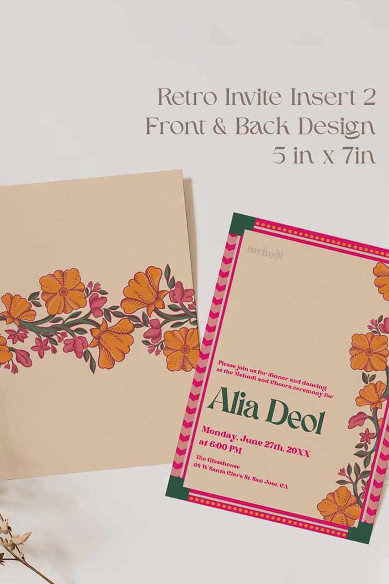 Retro Wedding Invitation Set in the shades of forest green, orange, yellow, hot pink, beige and baby pink. With orange marigold floral. Jaipur block print artwork. It has line drawn florals and birds. Sized at 5 inches x 7 inches with front and back design options. Indian Wedding Invitation Set. Personalize and customize in Canva. Print at any local printer around the World. Florals & Birds