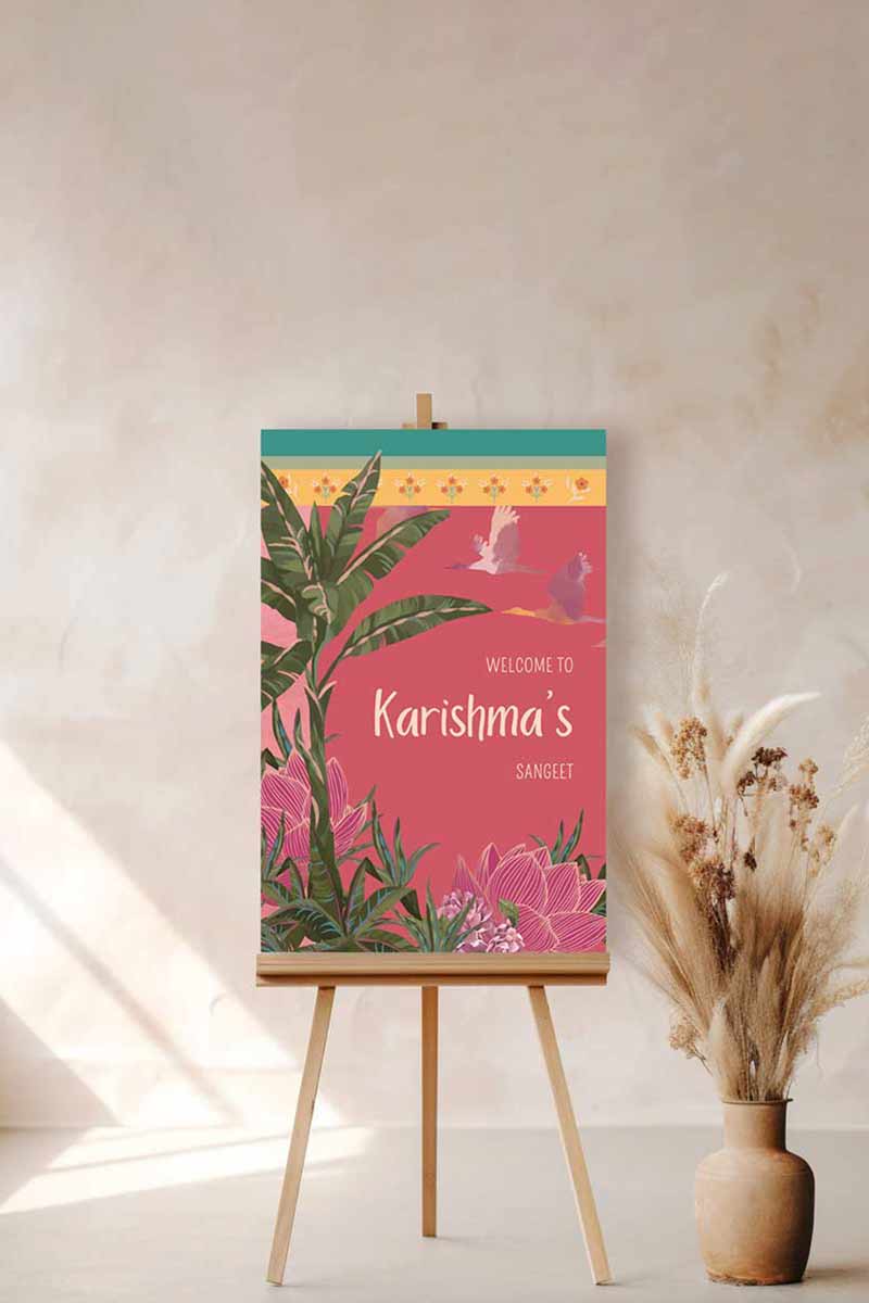 Tropical Jungle & Palm Tree Wedding Welcome Sign. In the shades of pink, hot pink, green, teal, orange, yellow, forest green & beige. Tropical Jungle theme event. Indian Wedding Events like engagement, baby shower, bridal shower, birthday, jago, sangeet, mehndi, haldi, wedding & maiyan. Personalize and customize in Canva. Print at any local printer around the World.
