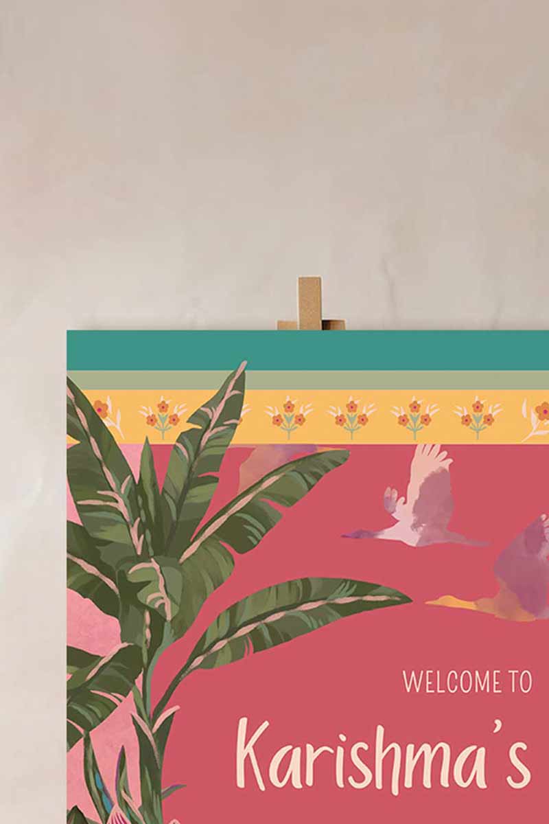 Tropical Jungle & Palm Tree Wedding Welcome Sign. In the shades of pink, hot pink, green, teal, orange, yellow, forest green & beige. Tropical Jungle theme event. Indian Wedding Events like engagement, baby shower, bridal shower, birthday, jago, sangeet, mehndi, haldi, wedding & maiyan. Personalize and customize in Canva. Print at any local printer around the World.