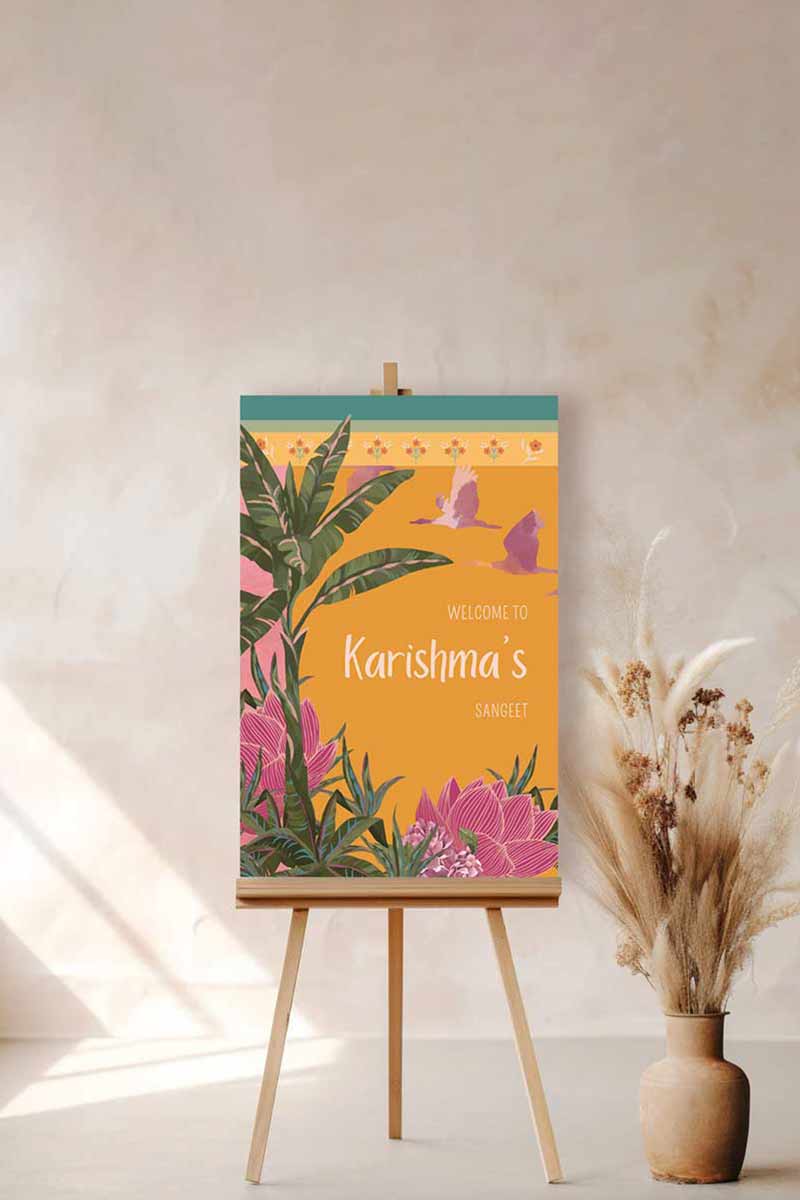 Tropical Jungle & Palm Tree Wedding Welcome Sign. In the shades of pink, hot pink, green, teal, orange, yellow, forest green & beige. Tropical Jungle theme event. Indian Wedding Events like engagement, baby shower, bridal shower, birthday, jago, sangeet, mehndi, haldi, wedding & maiyan. Personalize and customize in Canva. Print at any local printer around the World.