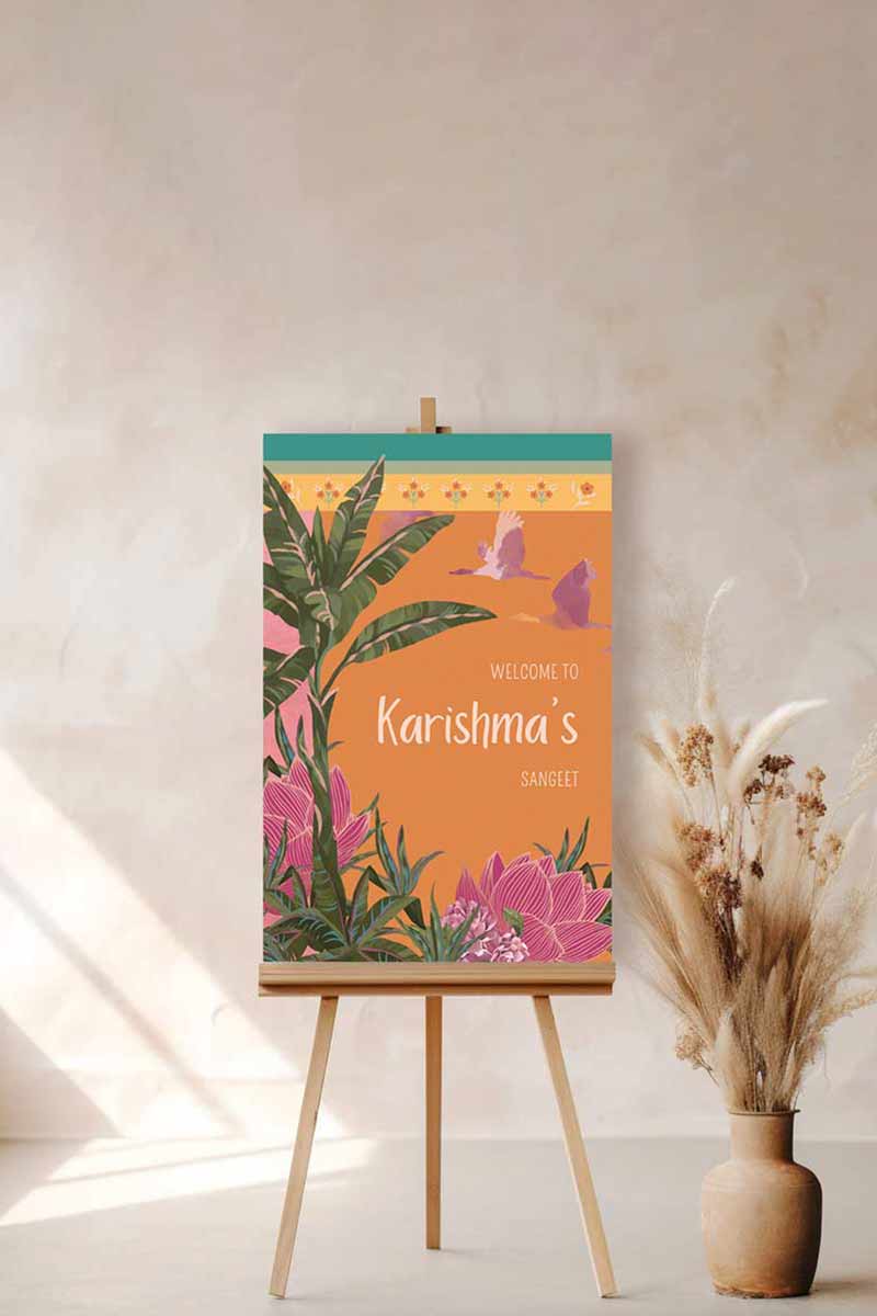 Tropical Jungle & Palm Tree Wedding Welcome Sign. In the shades of pink, hot pink, green, teal, orange, yellow, forest green & beige. Tropical Jungle theme event. Indian Wedding Events like engagement, baby shower, bridal shower, birthday, jago, sangeet, mehndi, haldi, wedding & maiyan. Personalize and customize in Canva. Print at any local printer around the World.