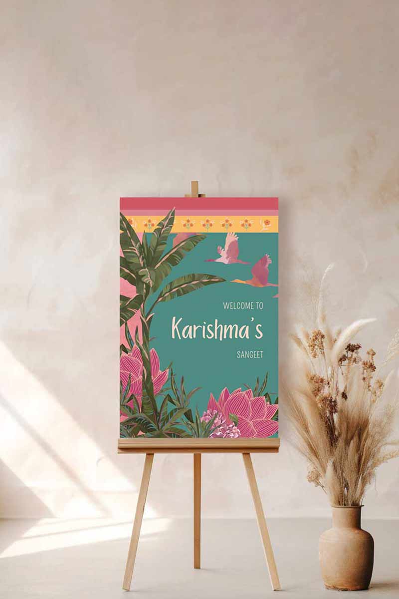 Tropical Jungle & Palm Tree Wedding Welcome Sign. In the shades of pink, hot pink, green, teal, orange, yellow, forest green & beige. Tropical Jungle theme event. Indian Wedding Events like engagement, baby shower, bridal shower, birthday, jago, sangeet, mehndi, haldi, wedding & maiyan. Personalize and customize in Canva. Print at any local printer around the World.