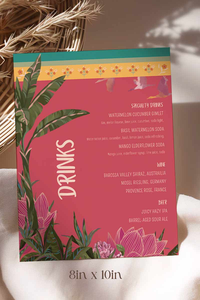 Tropical Jungle Wedding Bar Menu with palm trees & pink florals. Reception bar menu. Birthday dink menu. Editable drink menu in Canva. Indian Wedding events for Sangeet, Haldi, Maiyan or Jago. Wedding Signage. The bar or drinks sign. Drink menu. 8" x 10" menu design. Personalize and customize in Canva. Digital Download.  Print around the world at a local print shop.