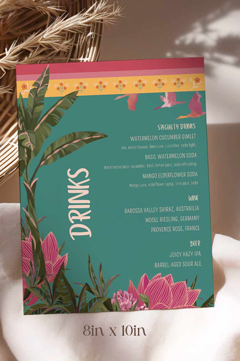 Tropical Jungle Wedding Bar Menu with palm trees & pink florals. Reception bar menu. Birthday dink menu. Editable drink menu in Canva. Indian Wedding events for Sangeet, Haldi, Maiyan or Jago. Wedding Signage. The bar or drinks sign. Drink menu. 8" x 10" menu design. Personalize and customize in Canva. Digital Download.  Print around the world at a local print shop.