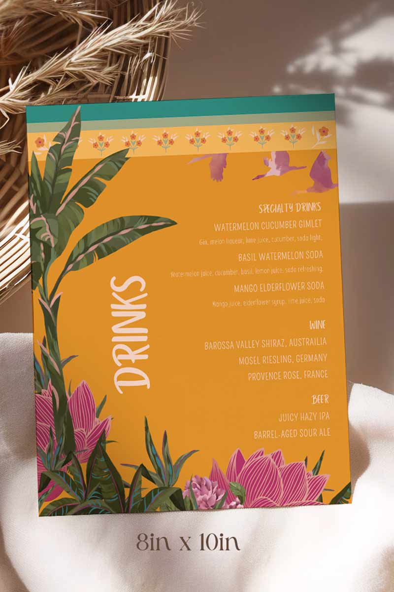 Tropical Jungle Wedding Bar Menu with palm trees & pink florals. Reception bar menu. Birthday dink menu. Editable drink menu in Canva. Indian Wedding events for Sangeet, Haldi, Maiyan or Jago. Wedding Signage. The bar or drinks sign. Drink menu. 8" x 10" menu design. Personalize and customize in Canva. Digital Download.  Print around the world at a local print shop.