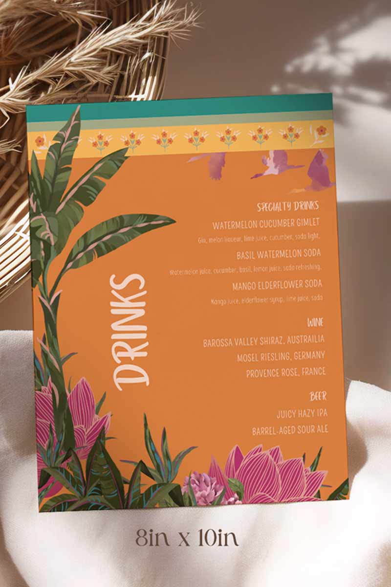 Tropical Jungle Wedding Bar Menu with palm trees & pink florals. Reception bar menu. Birthday dink menu. Editable drink menu in Canva. Indian Wedding events for Sangeet, Haldi, Maiyan or Jago. Wedding Signage. The bar or drinks sign. Drink menu. 8" x 10" menu design. Personalize and customize in Canva. Digital Download.  Print around the world at a local print shop.