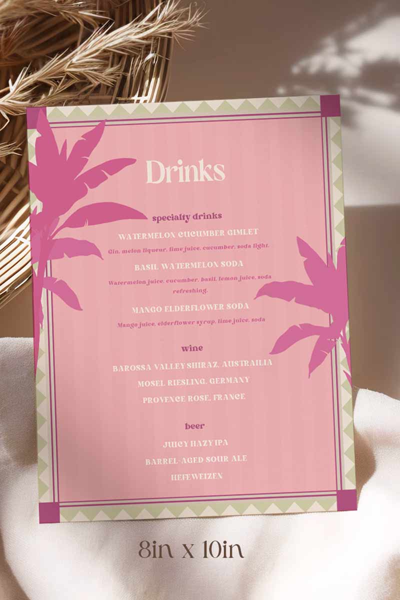 Tropical Summer Beach Wedding Bar Menu with pink palm trees & stripes. Reception bar menu. Birthday dink menu. Editable drink menu in Canva. Indian Wedding events for Sangeet, Haldi, Maiyan or Jago. Wedding Signage. The bar or drinks sign. Drink menu. 8" x 10" menu design. Personalize and customize in Canva. Digital Download.  Print around the world at a local print shop.