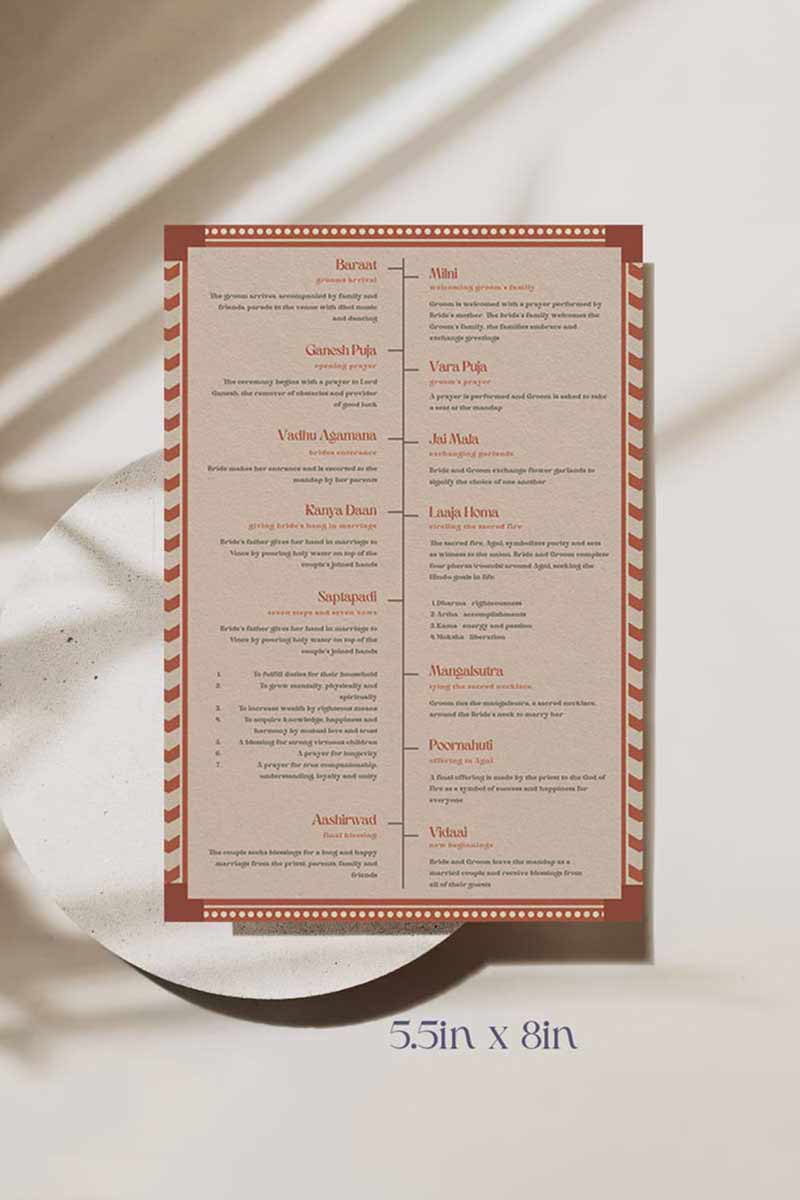 Retro Wedding Program Card with florals in the shades of burnt orange, mehndi green, and beige. Wedding Ceremony step-by-step of a hindu, sikh, tamil, gujarati ceremony. Indian Wedding Events like jago, sangeet, mehndi, haldi, chunni & maiyan. Personalize and customize in Canva. Print at any local printer around the World.