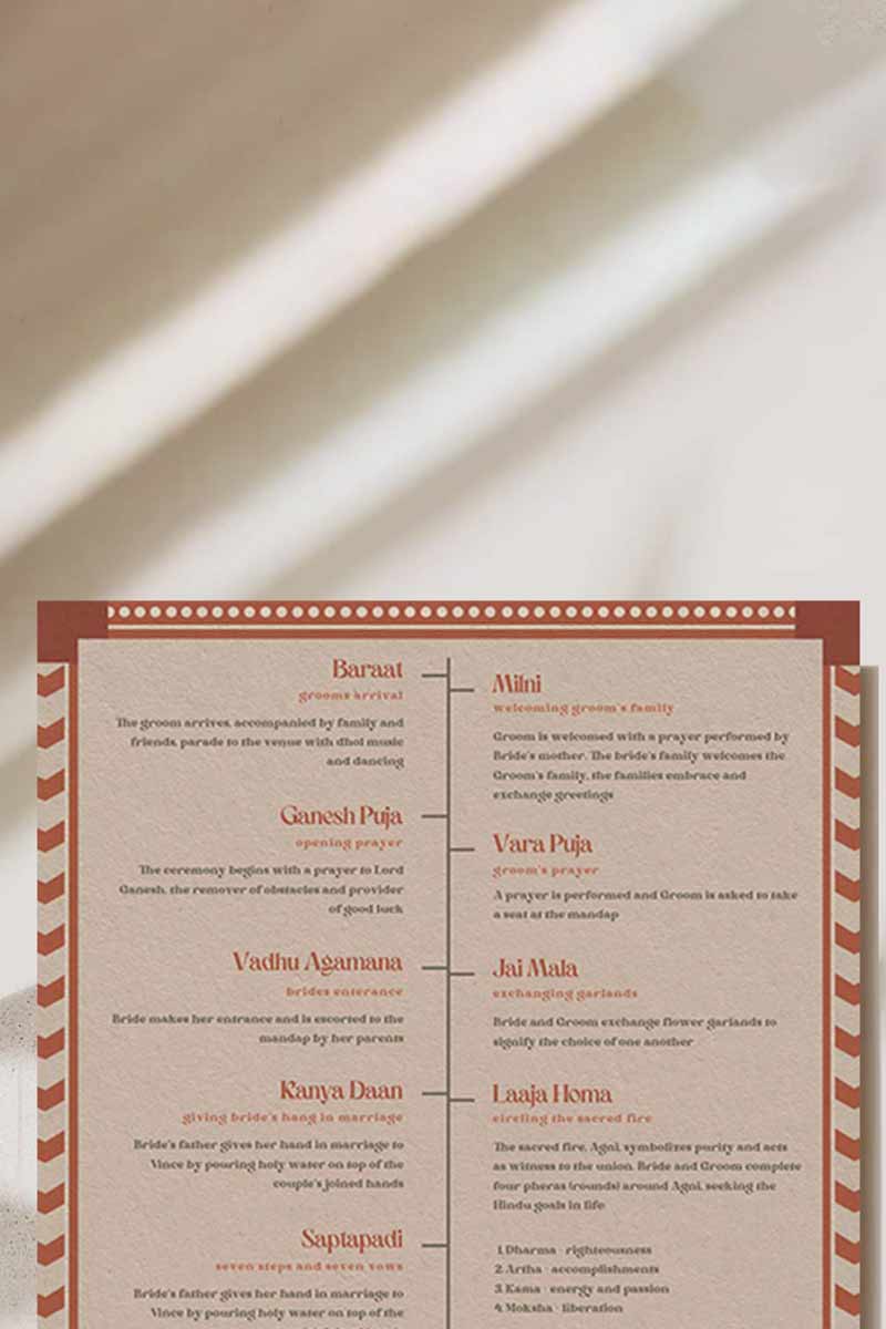 Retro Wedding Program Card with florals in the shades of burnt orange, mehndi green, and beige. Wedding Ceremony step-by-step of a hindu, sikh, tamil, gujarati ceremony. Indian Wedding Events like jago, sangeet, mehndi, haldi, chunni & maiyan. Personalize and customize in Canva. Print at any local printer around the World.