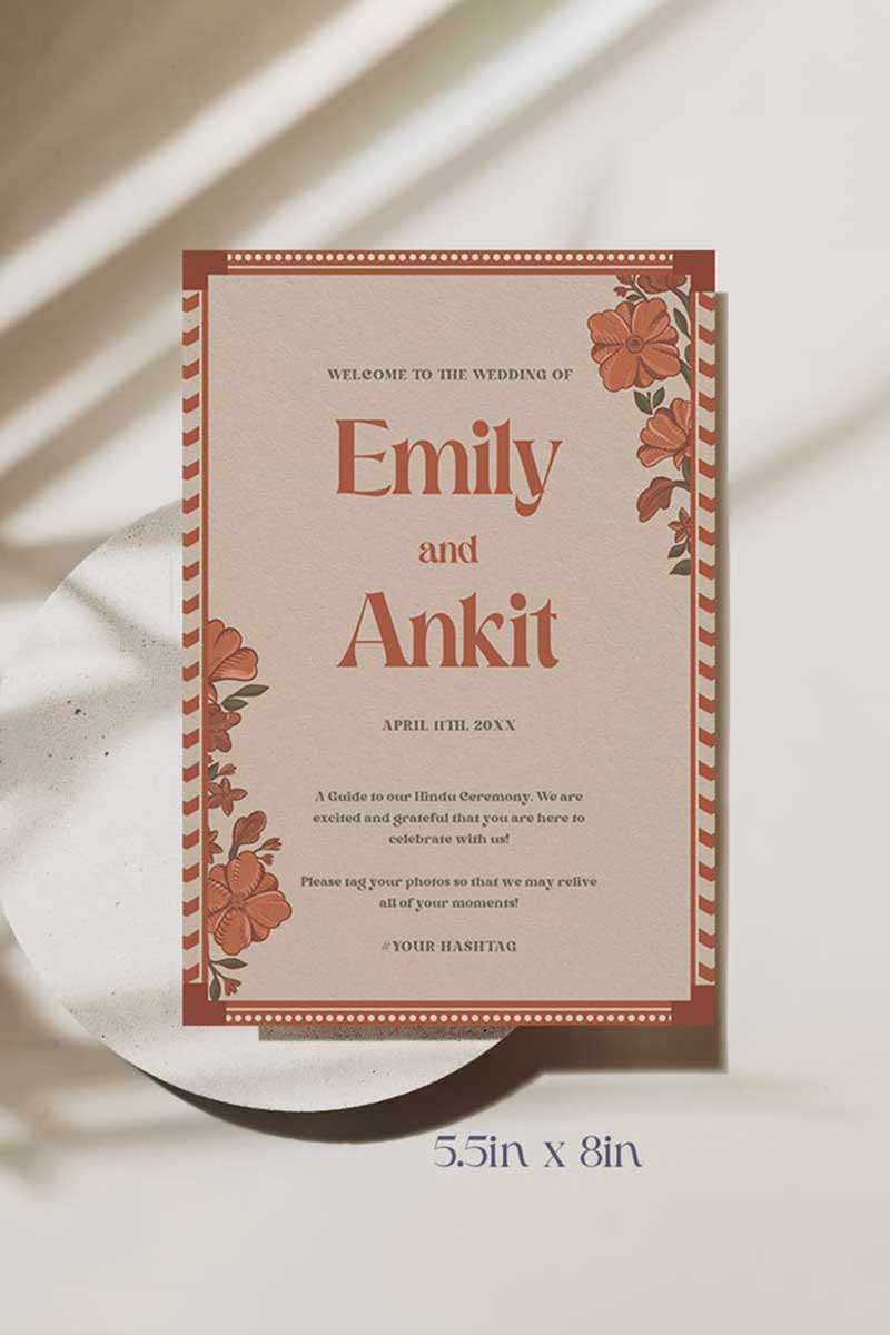 Retro Wedding Program Card with florals in the shades of burnt orange, mehndi green, and beige. Wedding Ceremony step-by-step of a hindu, sikh, tamil, gujarati ceremony. Indian Wedding Events like jago, sangeet, mehndi, haldi, chunni & maiyan. Personalize and customize in Canva. Print at any local printer around the World.