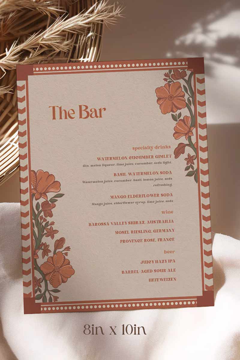 Retro Wedding Bar Menu with terracotta & rust marigold florals. Indian Wedding events for Sangeet, Haldi, Maiyan or Jago. Wedding Signage. Wedding signature drink editable menu. Canva template. The bar or drinks sign. Drink menu. 8" x 10" menu design. Personalize and customize in Canva. Digital Download.  Print around the world at a local print shop.