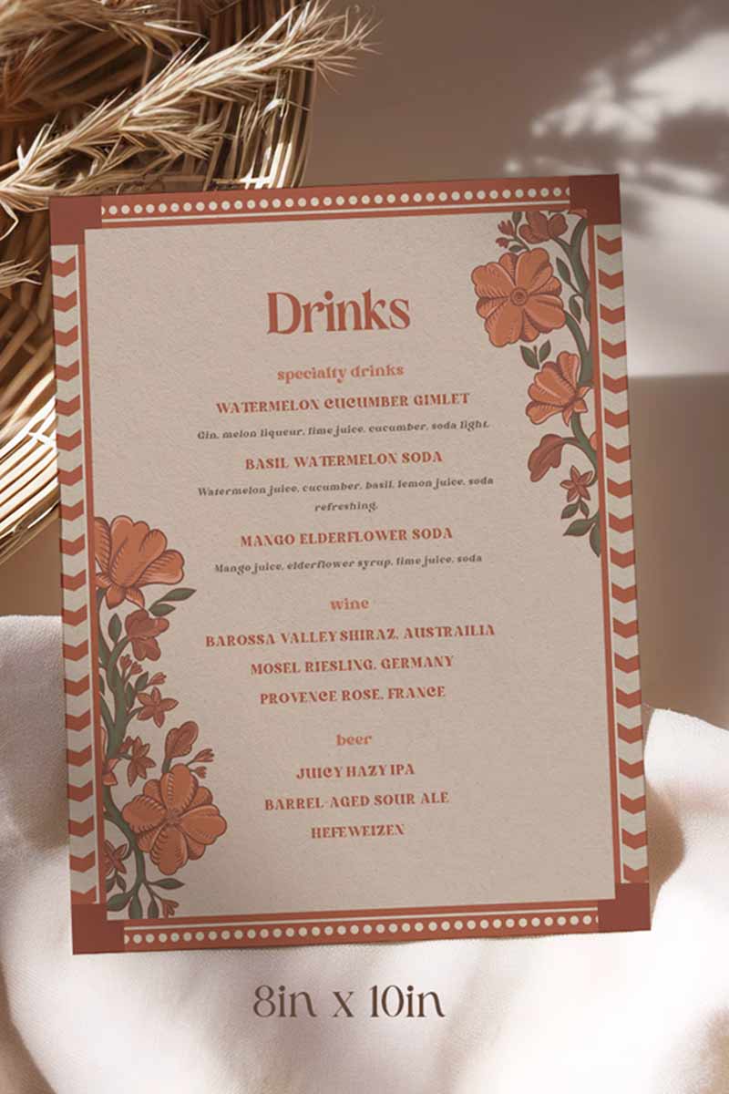 Retro Wedding Bar Menu with terracotta & rust marigold florals. Indian Wedding events for Sangeet, Haldi, Maiyan or Jago. Wedding Signage. Wedding signature drink editable menu. Canva template. The bar or drinks sign. Drink menu. 8" x 10" menu design. Personalize and customize in Canva. Digital Download.  Print around the world at a local print shop.