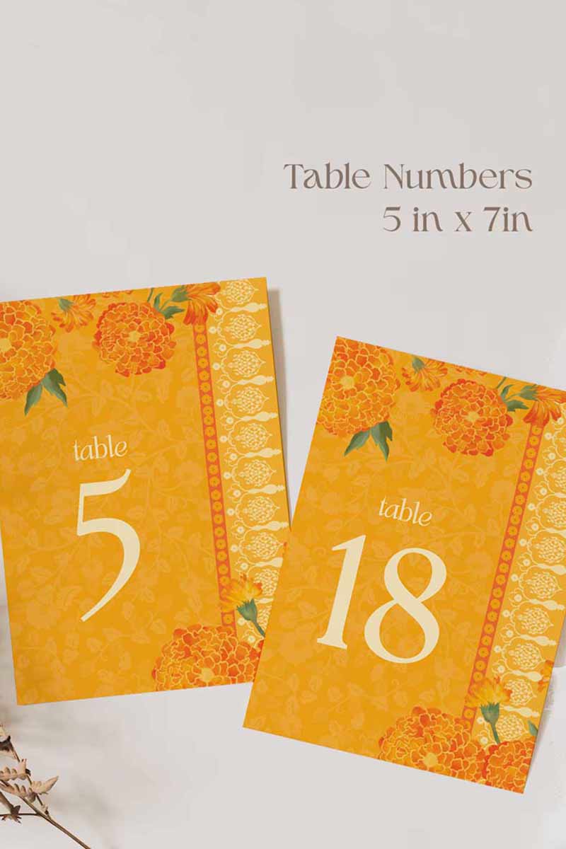 Orange Marigold Floral table numbers. Wedding, engagement, bridal shower, baby shower signage. In the shades of orange, yellow & beige. Indian Wedding Table Decor. Sangeet, Maiyan & Jago, Mehndi, Haldi, Engagement, Birthday, Bridal Shower, Baby Shower. Wedding & event stationery. Personalize & customize in Canva. Digital Download. Print around the world at a local print shop.