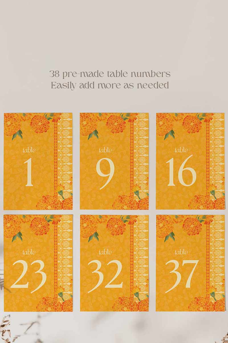 Orange Marigold Floral table numbers. Wedding, engagement, bridal shower, baby shower signage. In the shades of orange, yellow & beige. Indian Wedding Table Decor. Sangeet, Maiyan & Jago, Mehndi, Haldi, Engagement, Birthday, Bridal Shower, Baby Shower. Wedding & event stationery. Personalize & customize in Canva. Digital Download. Print around the world at a local print shop.