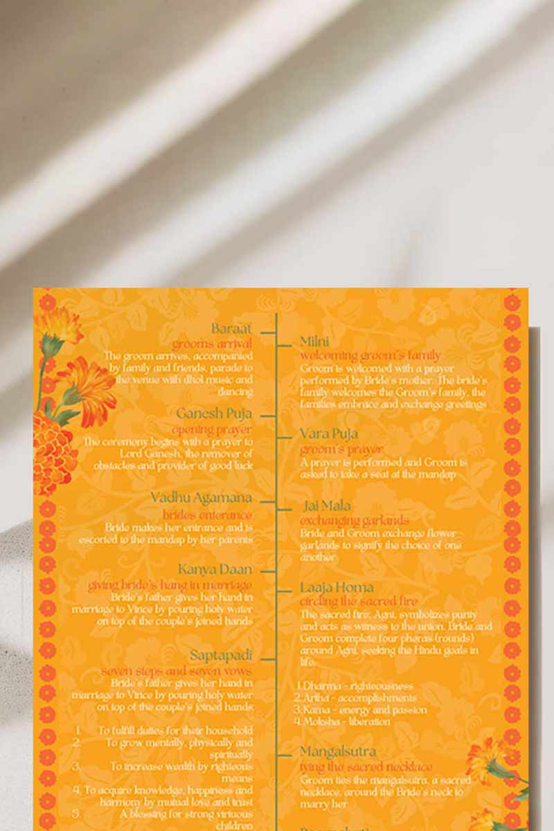 Orange Marigold Wedding Program Card with florals in the shades of orange, yellow, mehndi green, and beige. Wedding Ceremony step-by-step of a hindu, sikh, tamil, gujarati ceremony. Indian Wedding Events like jago, sangeet, mehndi, haldi, chunni & maiyan. Personalize and customize in Canva. Print at any local printer around the World.