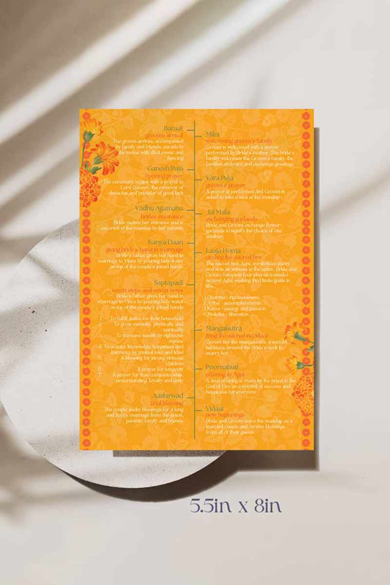 Orange Marigold Wedding Program Card with florals in the shades of orange, yellow, mehndi green, and beige. Wedding Ceremony step-by-step of a hindu, sikh, tamil, gujarati ceremony. Indian Wedding Events like jago, sangeet, mehndi, haldi, chunni & maiyan. Personalize and customize in Canva. Print at any local printer around the World.