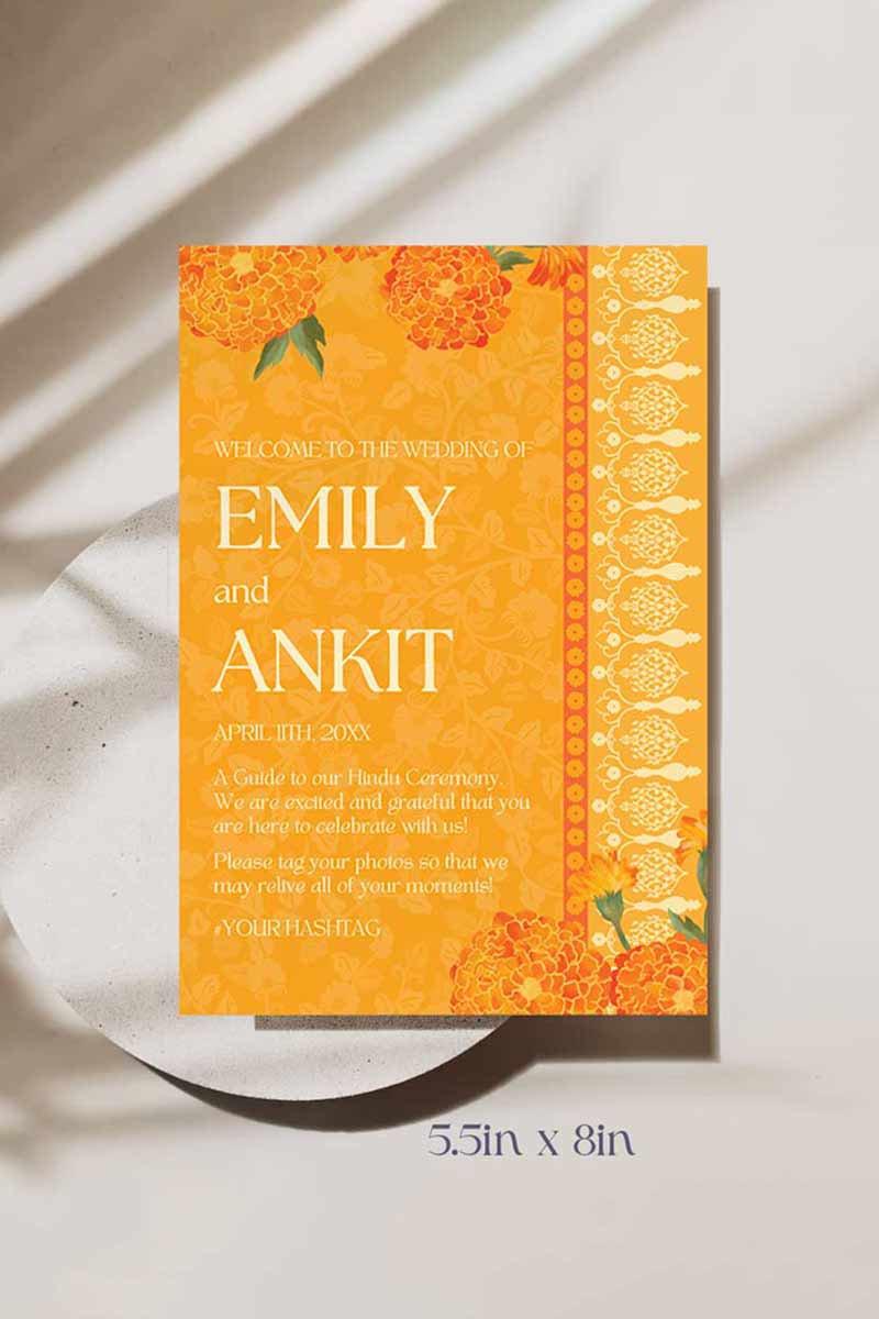 Orange Marigold Wedding Program Card with florals in the shades of orange, yellow, mehndi green, and beige. Wedding Ceremony step-by-step of a hindu, sikh, tamil, gujarati ceremony. Indian Wedding Events like jago, sangeet, mehndi, haldi, chunni & maiyan. Personalize and customize in Canva. Print at any local printer around the World.