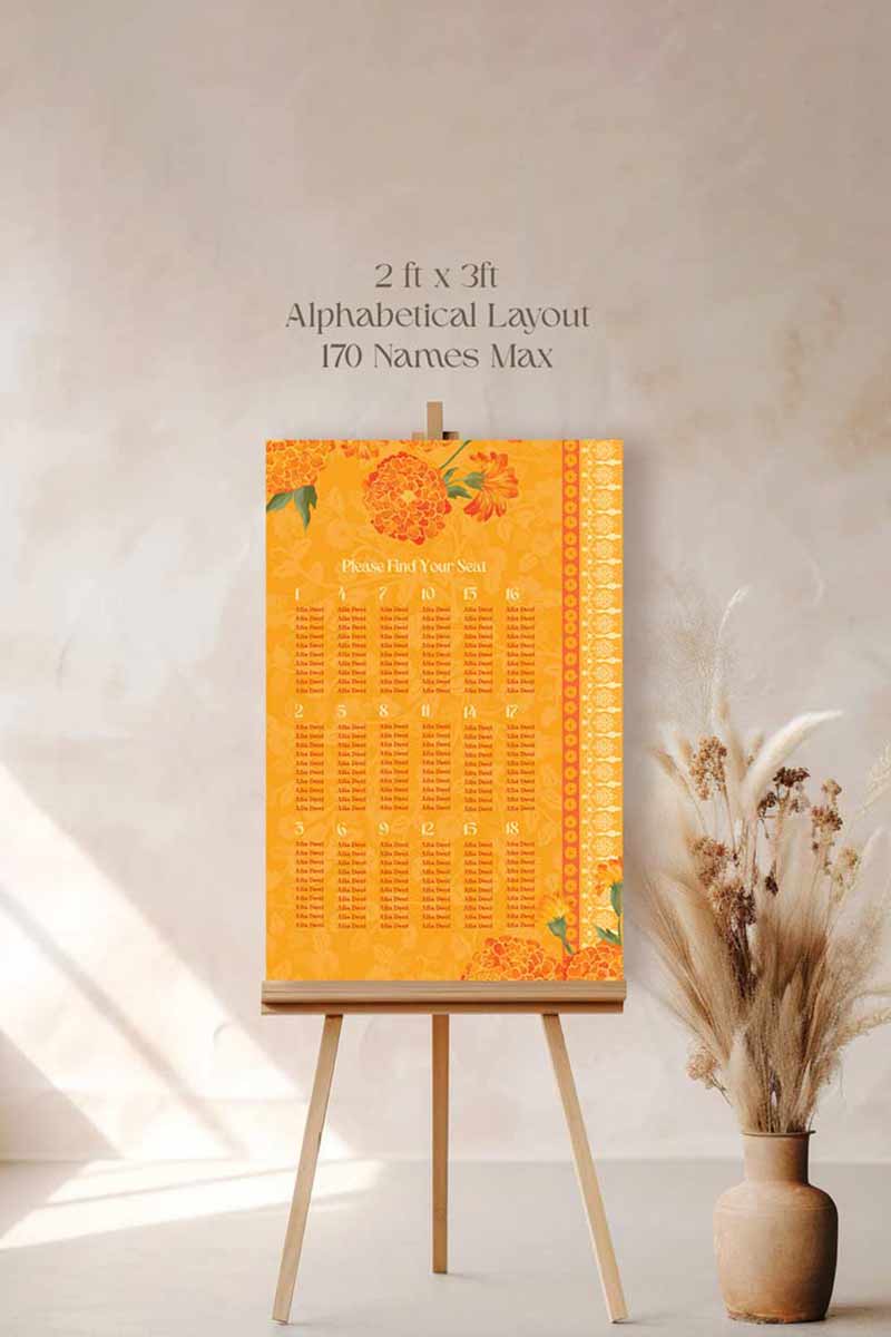 Wedding Seating Chart with yellow & orange marigold florals. Indian Wedding events for Sangeet, Haldi, Maiyan or Jago. Find your seat. Wedding Signage. Personalize and customize in Canva. Digital Download.  Print around the world at a local print shop.