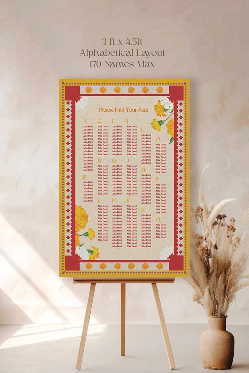 Retro Wedding Seating Chart with yellow & orange marigold florals. Indian Wedding events for Sangeet, Haldi, Maiyan or Jago. Wedding Signage. Personalize and customize in Canva. Digital Download.  Print around the world at a local print shop.