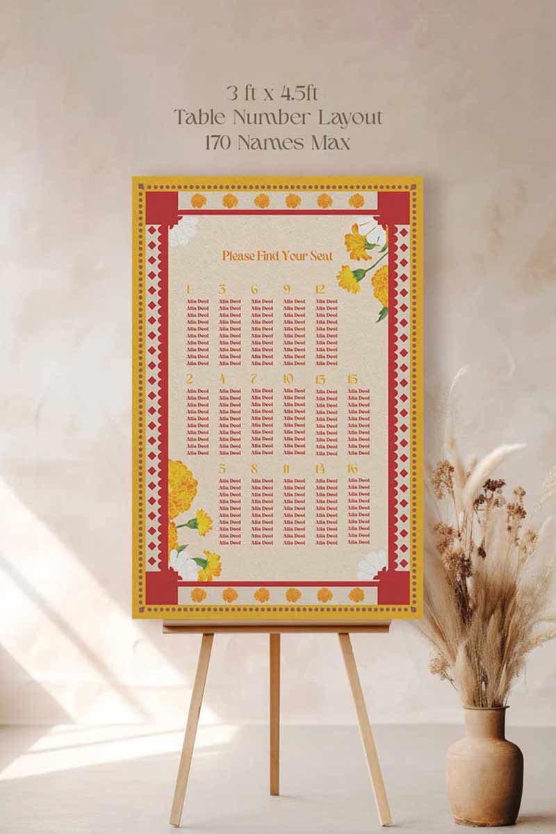 Retro Wedding Seating Chart with yellow & orange marigold florals. Indian Wedding events for Sangeet, Haldi, Maiyan or Jago. Wedding Signage. Personalize and customize in Canva. Digital Download.  Print around the world at a local print shop.