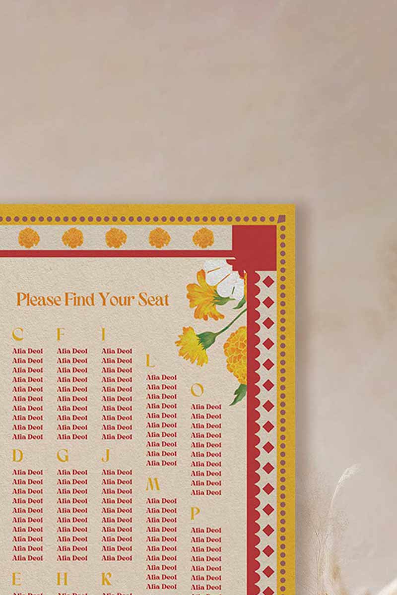 Retro Wedding Seating Chart with yellow & orange marigold florals. Indian Wedding events for Sangeet, Haldi, Maiyan or Jago. Wedding Signage. Personalize and customize in Canva. Digital Download.  Print around the world at a local print shop.