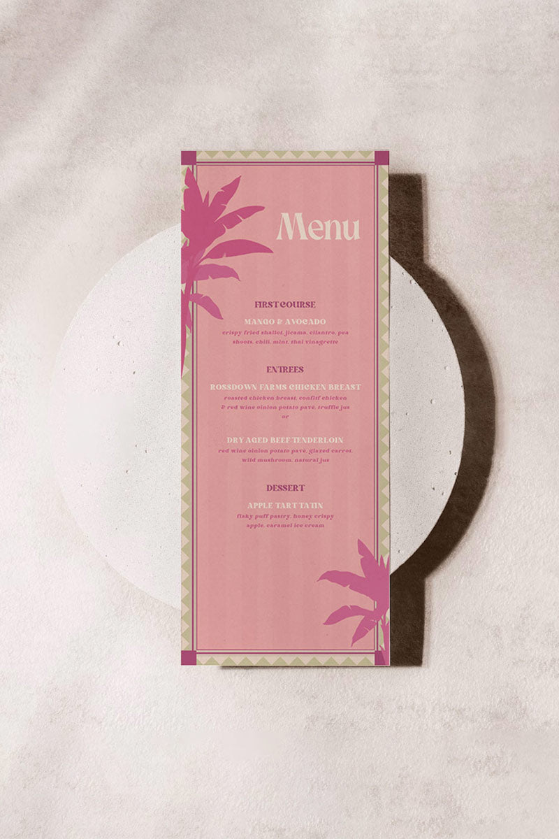 Soft stripped tropical menu for event celebrations. Wedding dinner menu. Soft pink and green with palm trees. Signage for various celebrations. Weddings, Engagement, Baby Shower, Birthdays. Personalize and customize in Canva. Print at any local printer around the World