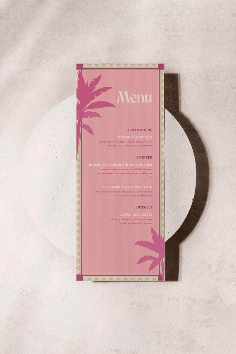 Soft stripped tropical menu for event celebrations. Wedding dinner menu. Soft pink and green with palm trees. Signage for various celebrations. Weddings, Engagement, Baby Shower, Birthdays. Personalize and customize in Canva. Print at any local printer around the World