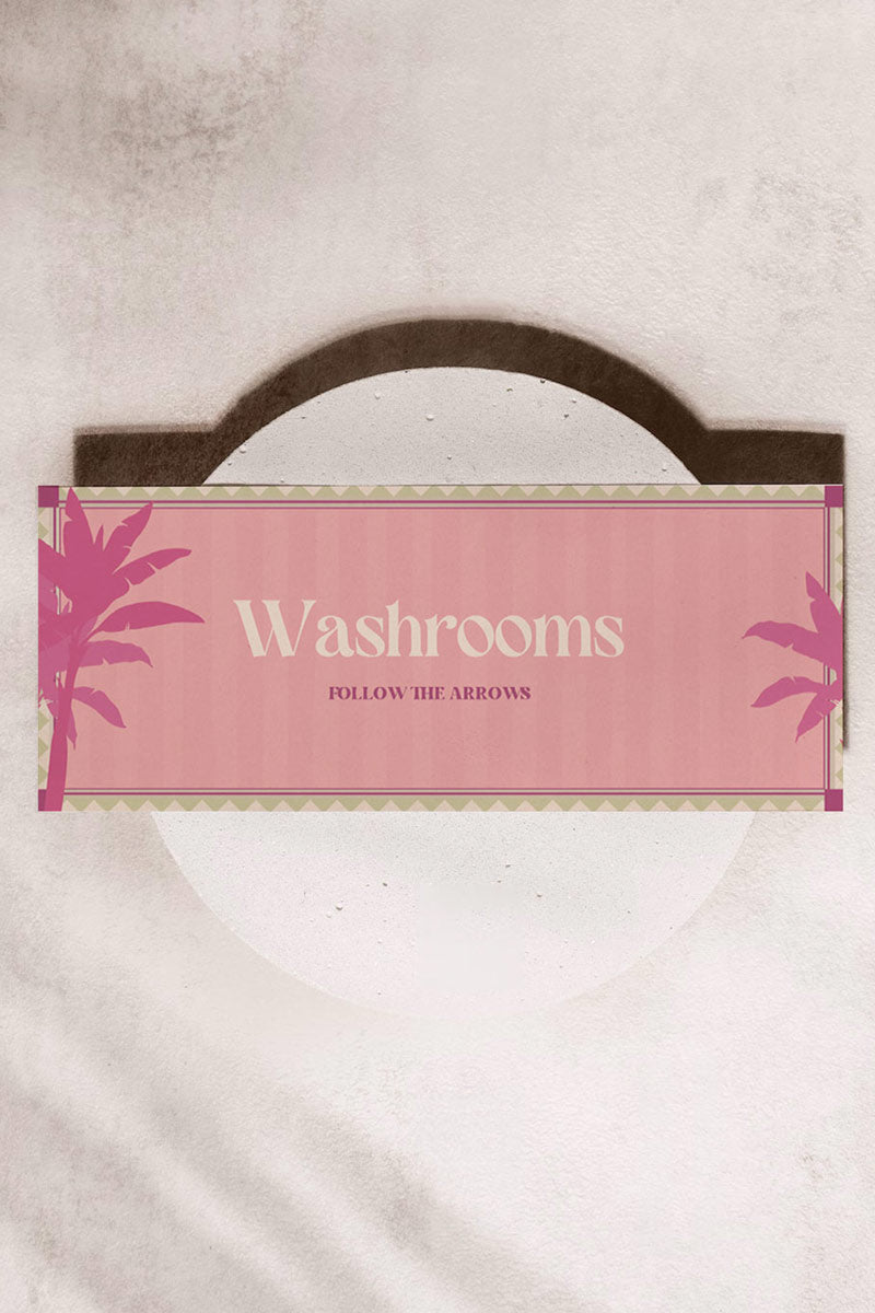 Soft stripped tropical menu for event celebrations. Wedding dinner menu. Soft pink and green with palm trees. Signage for various celebrations. Weddings, Engagement, Baby Shower, Birthdays. Personalize and customize in Canva. Print at any local printer around the World