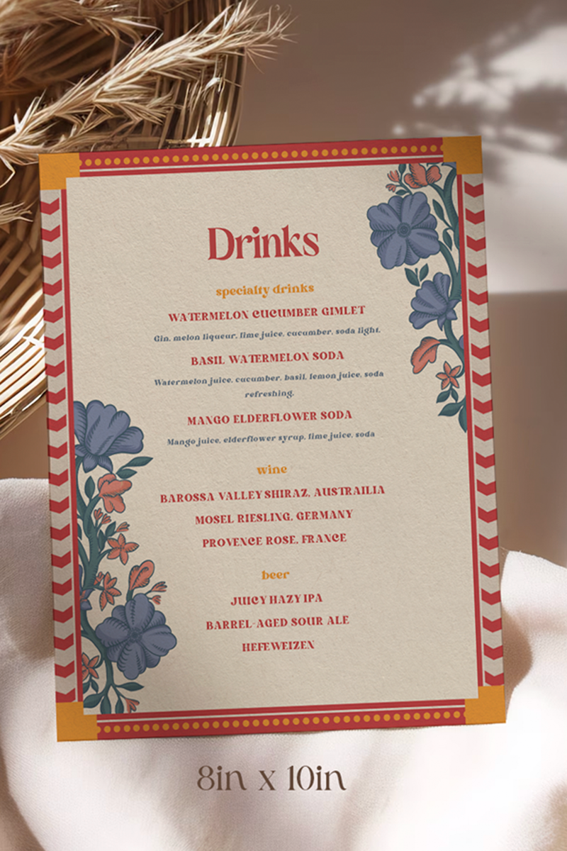 Retro Wedding Bar Menu with terracotta & rust marigold florals. Indian Wedding events for Sangeet, Haldi, Maiyan or Jago. Wedding Signage. Wedding signature drink editable menu. Canva template. The bar or drinks sign. Drink menu. 8" x 10" menu design. Personalize and customize in Canva. Digital Download.  Print around the world at a local print shop.
