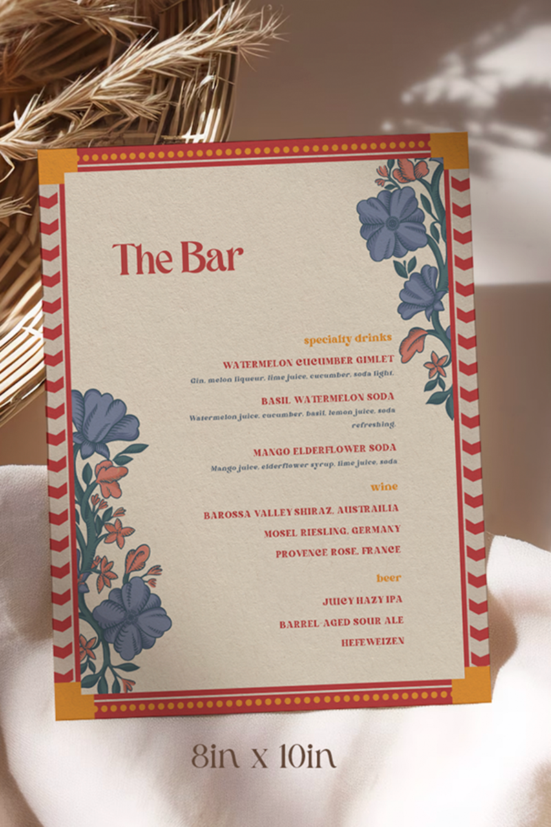 Retro Wedding Bar Menu with terracotta & rust marigold florals. Indian Wedding events for Sangeet, Haldi, Maiyan or Jago. Wedding Signage. Wedding signature drink editable menu. Canva template. The bar or drinks sign. Drink menu. 8" x 10" menu design. Personalize and customize in Canva. Digital Download.  Print around the world at a local print shop.