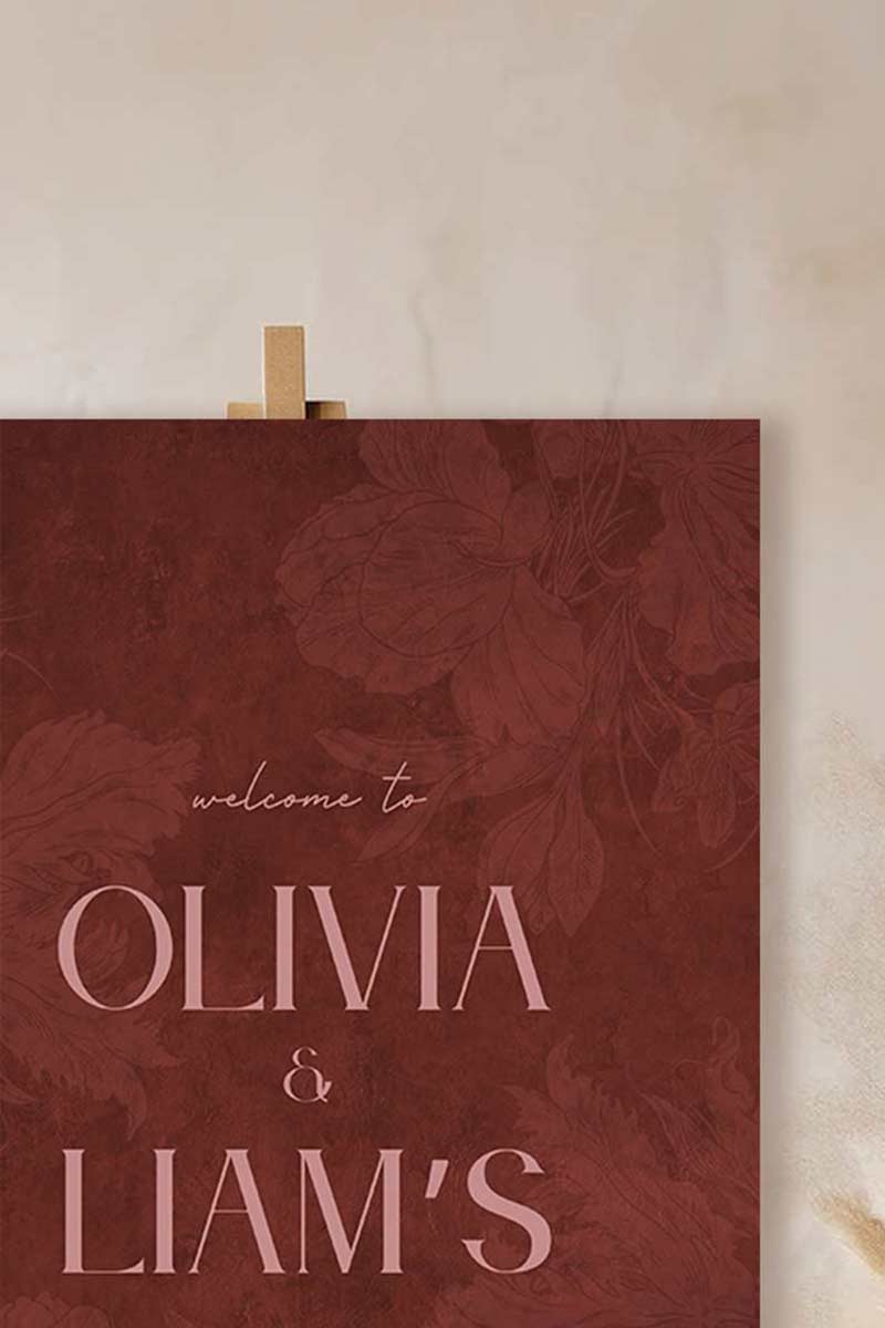 Wedding welcome sign in a minimalistic style. Event signage. In a navy blue texture wash. Stationery for various event celebrations. Wedding, engagement stationery. Personalize and customize in Canva. Print at any local printer around the World. rust red, copper red, berry red, cranberry red. Textured florals. Velvet texture