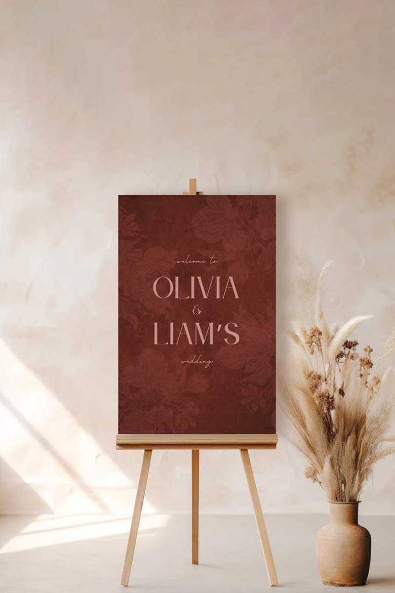 Wedding welcome sign in a minimalistic style. Event signage. In a navy blue texture wash. Stationery for various event celebrations. Wedding, engagement stationery. Personalize and customize in Canva. Print at any local printer around the World. rust red, copper red, berry red, cranberry red. Textured florals. Velvet texture