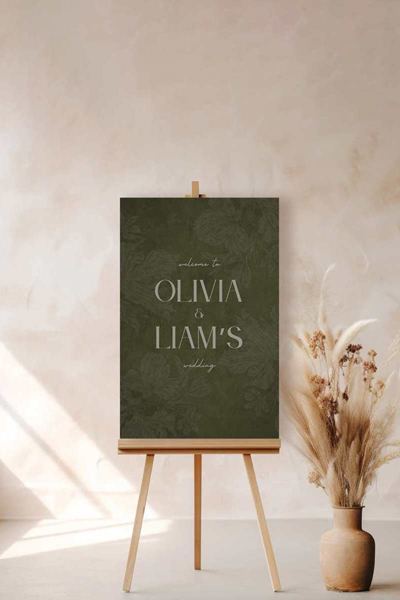 Wedding welcome sign in a minimalistic style. Event signage. In a navy blue texture wash. Stationery for various event celebrations. Wedding, engagement stationery. Personalize and customize in Canva. Print at any local printer around the World. Olive green, sage green, mehndi green. Textured florals