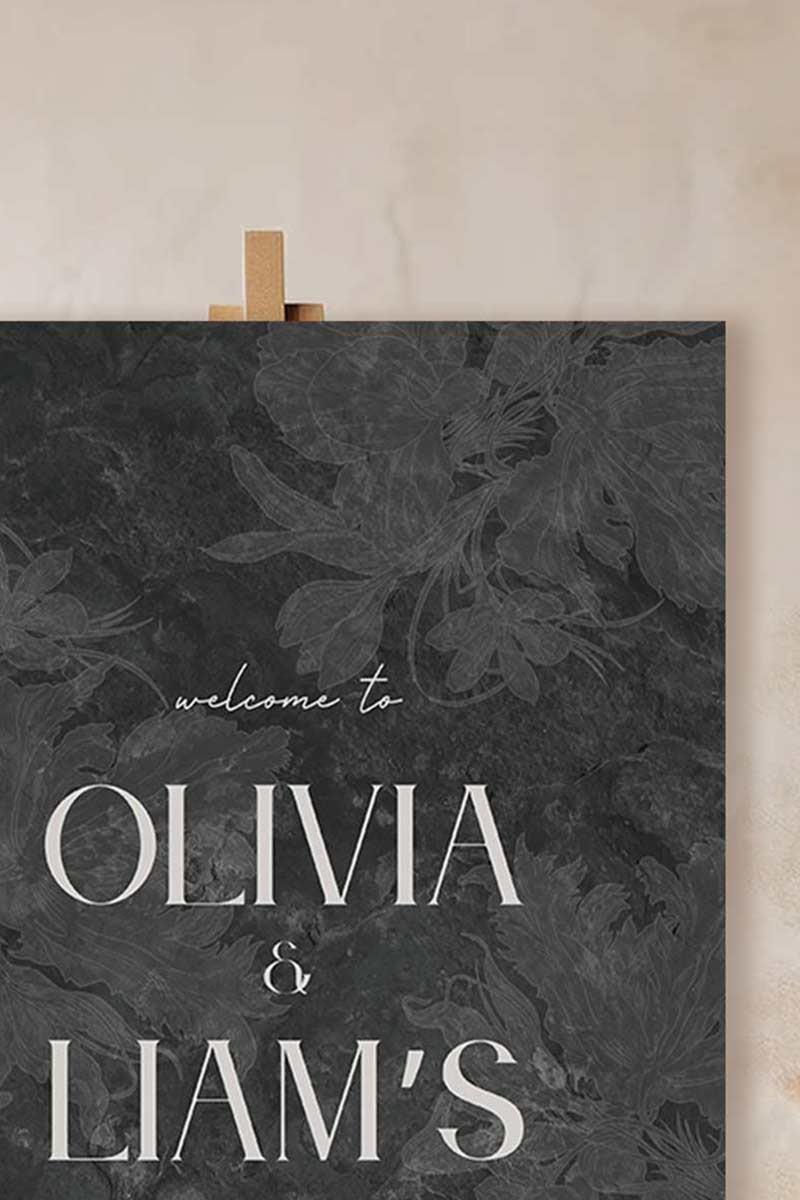 Wedding welcome sign in a minimalistic style. Event signage. In a navy blue texture wash. Stationery for various event celebrations. Wedding, engagement stationery. Personalize and customize in Canva. Print at any local printer around the World. Black, white, shades of grey marble stone texture. Textured florals. Black Marble Texture