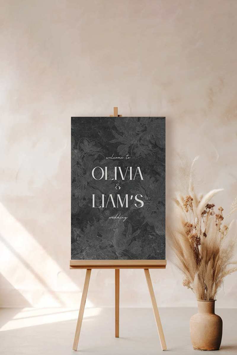 Wedding welcome sign in a minimalistic style. Event signage. In a navy blue texture wash. Stationery for various event celebrations. Wedding, engagement stationery. Personalize and customize in Canva. Print at any local printer around the World. Black, white, shades of grey marble stone texture. Textured florals. Black Marble Texture