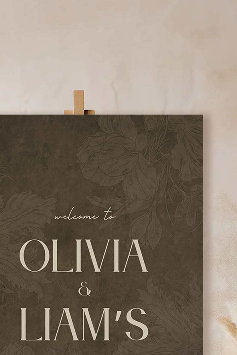 Wedding welcome sign in a minimalistic style. Event signage. In a navy blue texture wash. Stationery for various event celebrations. Wedding, engagement stationery. Personalize and customize in Canva. Print at any local printer around the World. Brown, Tan, stone colour. Velvet texture