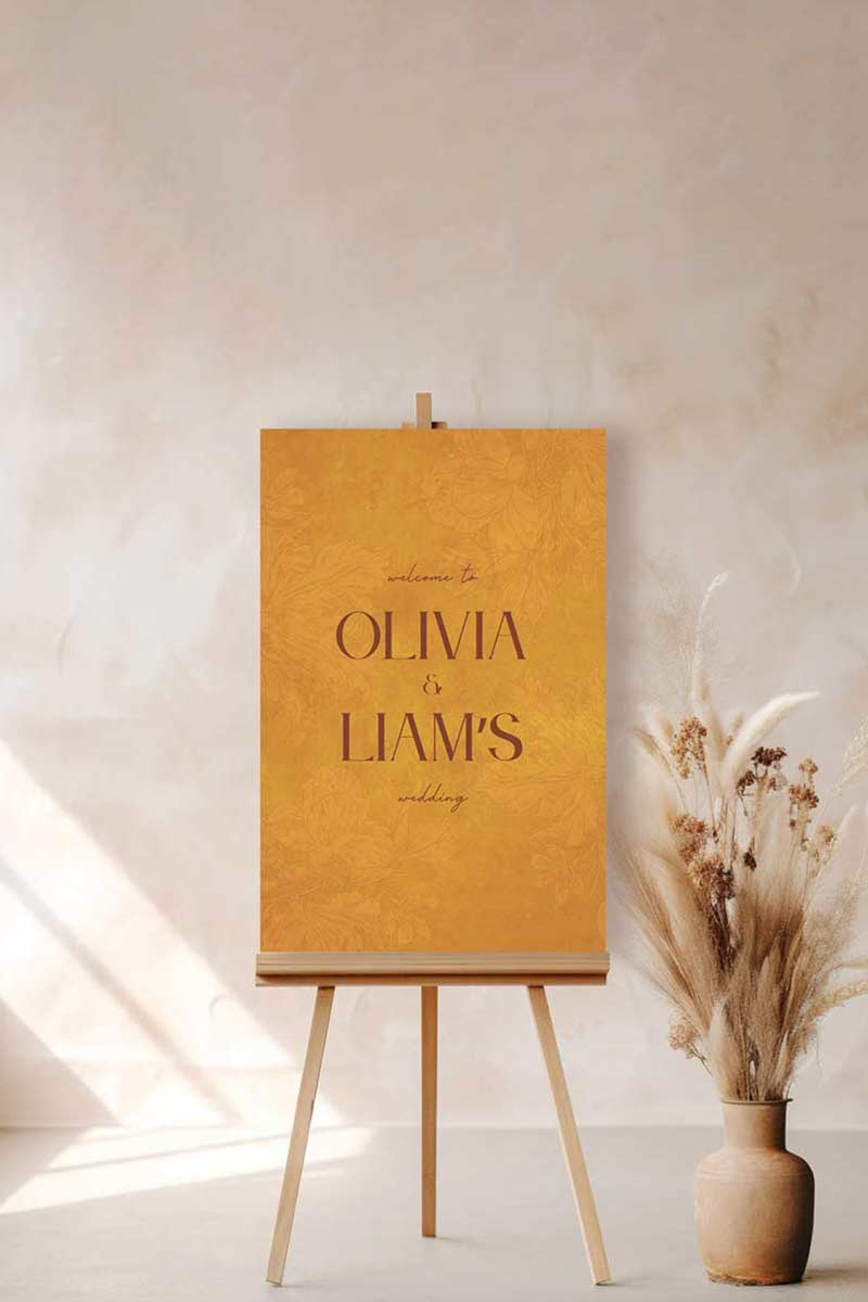 Wedding welcome sign in a minimalistic style. Event signage. In a navy blue texture wash. Stationery for various event celebrations. Wedding, engagement stationery. Personalize and customize in Canva. Print at any local printer around the World. yellow, gold, mustard yellow colour. Velvet texture