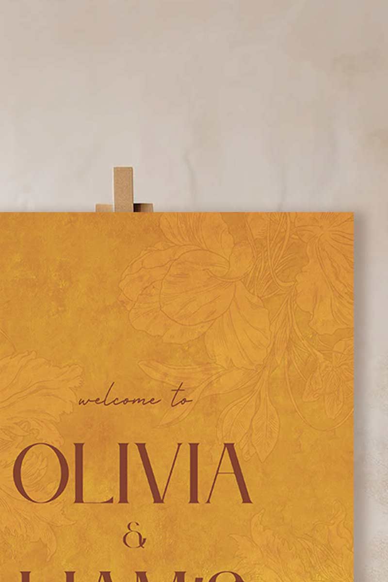 Wedding welcome sign in a minimalistic style. Event signage. In a navy blue texture wash. Stationery for various event celebrations. Wedding, engagement stationery. Personalize and customize in Canva. Print at any local printer around the World. yellow, gold, mustard yellow colour. Velvet texture
