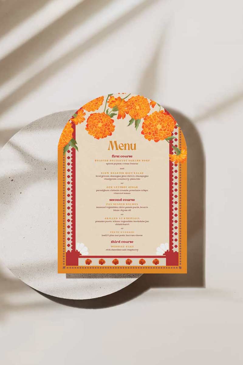 Retro Wedding Arched Menu with yellow & orange marigold florals. Indian Wedding events for Sangeet, Haldi, Maiyan or Jago. Wedding stationery for indian weddings. Wedding Signage. Personalize and customize in Canva. Digital Download.  Print around the world at a local print shop.
