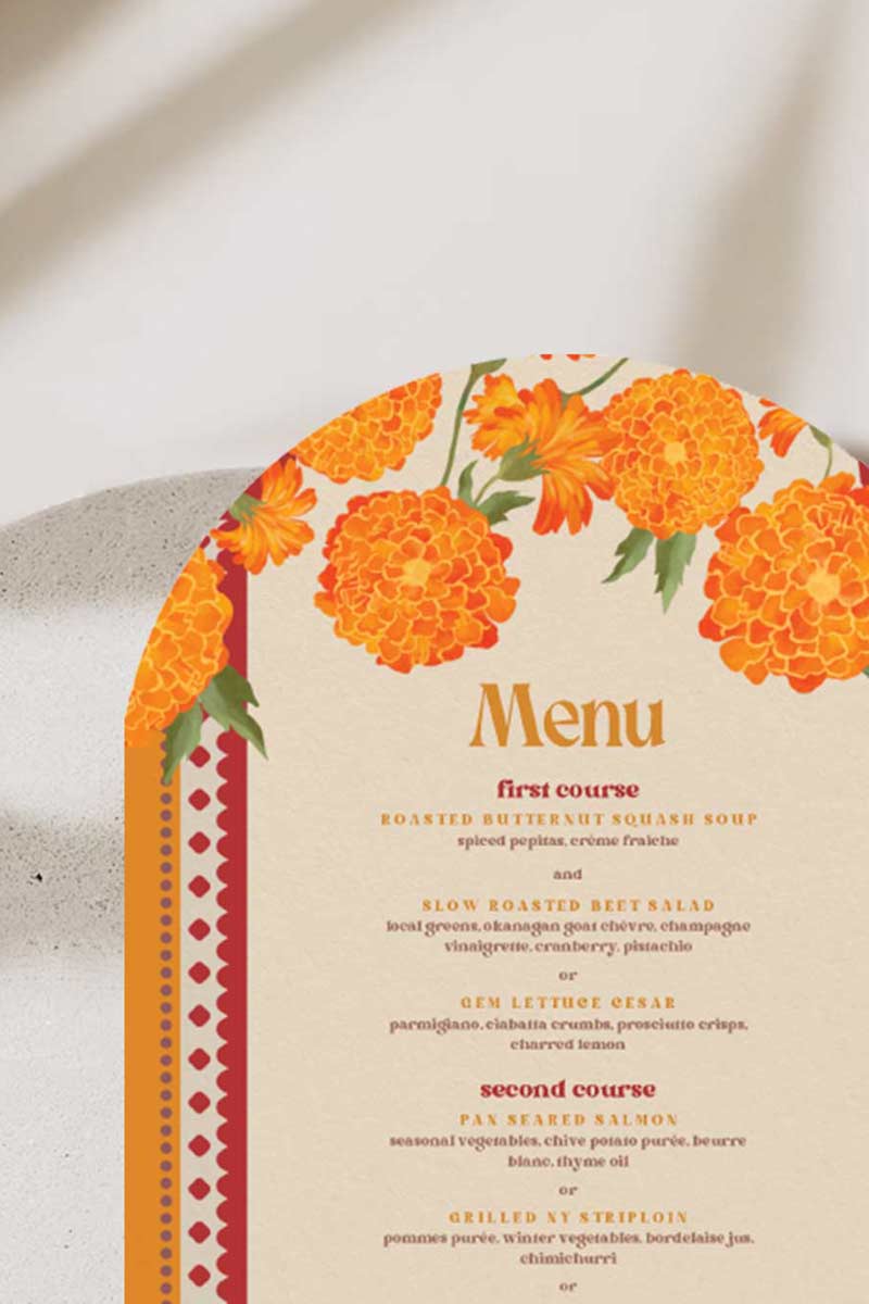Retro Wedding Arched Menu with yellow & orange marigold florals. Indian Wedding events for Sangeet, Haldi, Maiyan or Jago. Wedding stationery for indian weddings. Wedding Signage. Personalize and customize in Canva. Digital Download.  Print around the world at a local print shop.