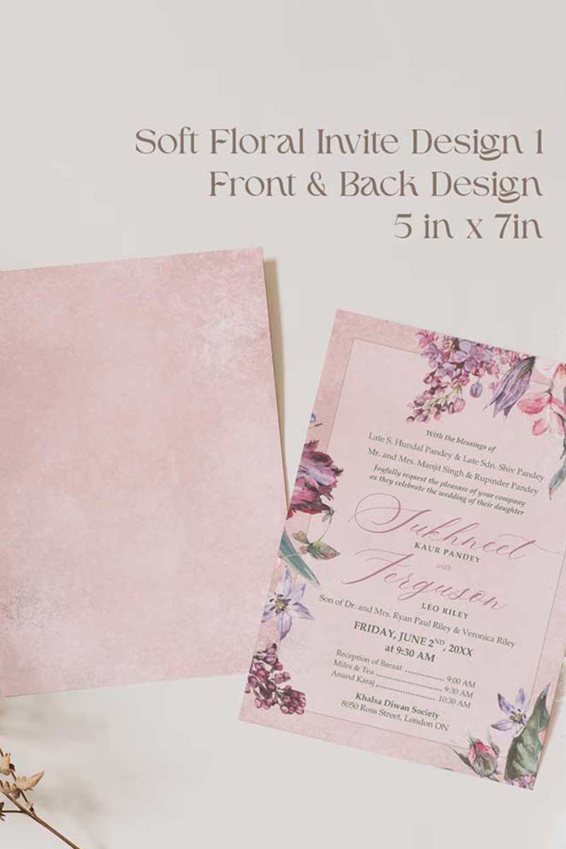 Soft Floral Wedding Invitation Set in the shades of pinks, purples, green, beige and stone grey. With a variety of florals: roses, hydrangeia, peony, lily, baby's breath. Modern floral invites. Sized at 5 inches x 7 inches with front and back design options. Rectangle, square layout options. Multple sized invites. Indian Wedding Invitation Set. Personalize and customize in Canva. Print at any local printer around the World. Florals & Birds
