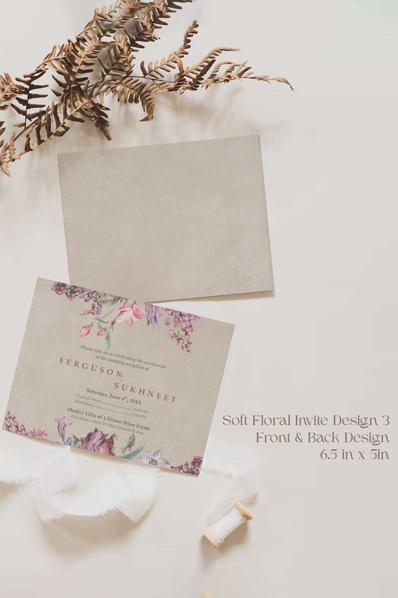 Soft Floral Wedding Invitation Set in the shades of pinks, purples, green, beige and stone grey. With a variety of florals: roses, hydrangeia, peony, lily, baby's breath. Modern floral invites. Sized at 5 inches x 7 inches with front and back design options. Rectangle, square layout options. Multple sized invites. Indian Wedding Invitation Set. Personalize and customize in Canva. Print at any local printer around the World. Florals & Birds
