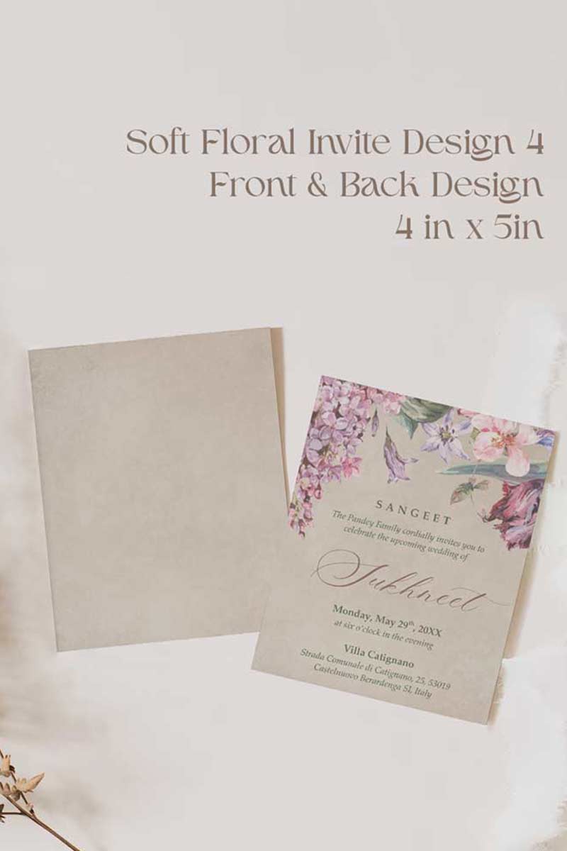 Soft Floral Wedding Invitation Set in the shades of pinks, purples, green, beige and stone grey. With a variety of florals: roses, hydrangeia, peony, lily, baby's breath. Modern floral invites. Sized at 5 inches x 7 inches with front and back design options. Rectangle, square layout options. Multple sized invites. Indian Wedding Invitation Set. Personalize and customize in Canva. Print at any local printer around the World. Florals & Birds