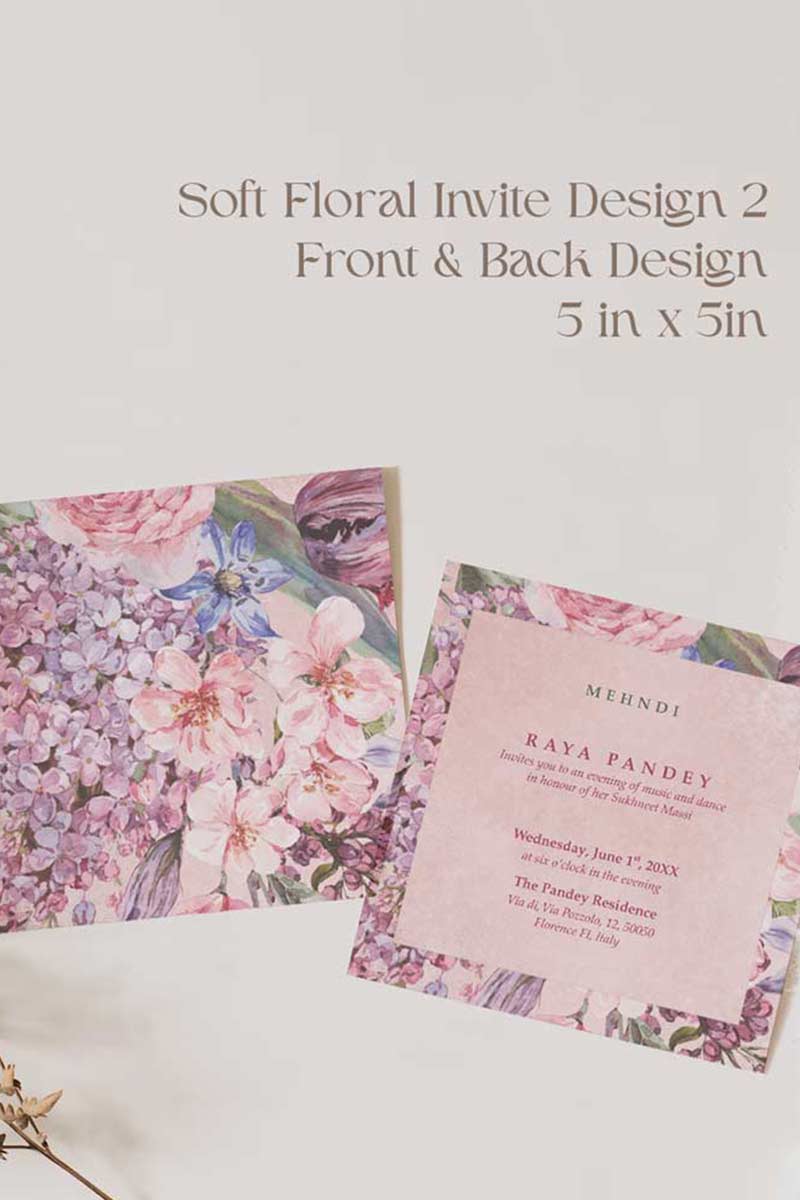 Soft Floral Wedding Invitation Set in the shades of pinks, purples, green, beige and stone grey. With a variety of florals: roses, hydrangeia, peony, lily, baby's breath. Modern floral invites. Sized at 5 inches x 7 inches with front and back design options. Rectangle, square layout options. Multple sized invites. Indian Wedding Invitation Set. Personalize and customize in Canva. Print at any local printer around the World. Florals & Birds
