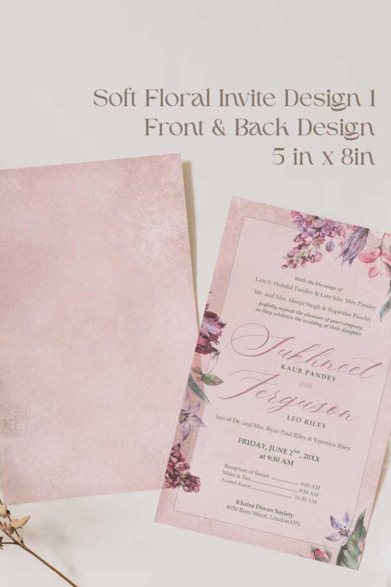 Soft Floral Wedding Invitation Set in the shades of pinks, purples, green, beige and stone grey. With a variety of florals: roses, hydrangeia, peony, lily, baby's breath. Modern floral invites. Sized at 5 inches x 7 inches with front and back design options. Rectangle, square layout options. Multple sized invites. Indian Wedding Invitation Set. Personalize and customize in Canva. Print at any local printer around the World. Florals & Birds